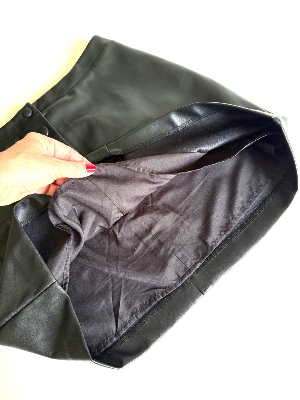 LOFT Black Faux Leather Button-Front Mini Skirt - Picture 6 of 12